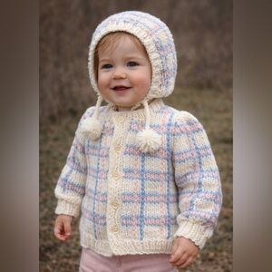 Charming Handknit Cream Blue and Pink Kids Set Sz 3